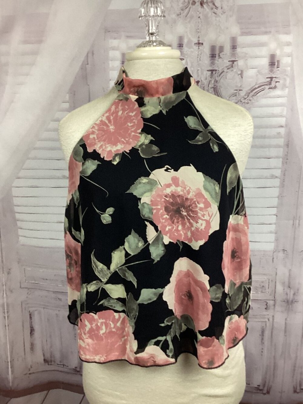 Bluemint Floral Halter Top Black Pink Flowers S